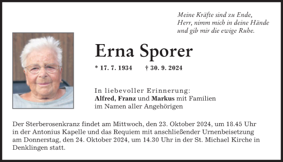 Traueranzeige von Erna Sporer von Landsberger Tagblatt