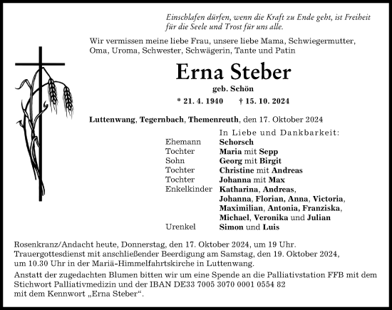 Traueranzeige von Erna Steber von Landsberger Tagblatt