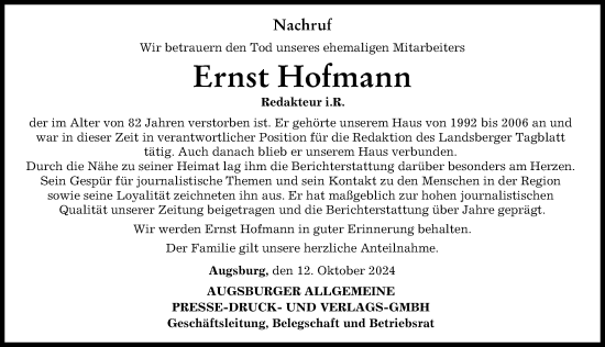 Traueranzeige von Ernst Hofmann von Landsberger Tagblatt
