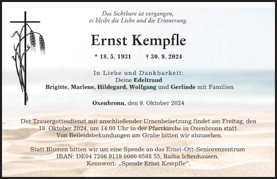 Traueranzeige von Ernst Kempfle von Günzburger Zeitung