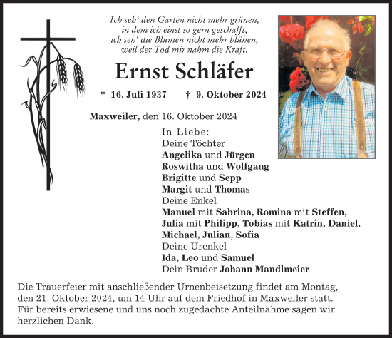 Traueranzeige von Ernst Schläfer von Neuburger Rundschau