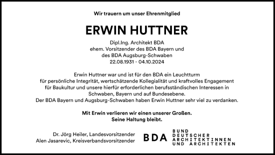 Traueranzeige von Erwin Huttner von Augsburger Allgemeine