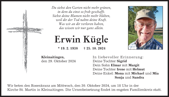 Traueranzeige von Erwin Kügle von Schwabmünchner Allgemeine