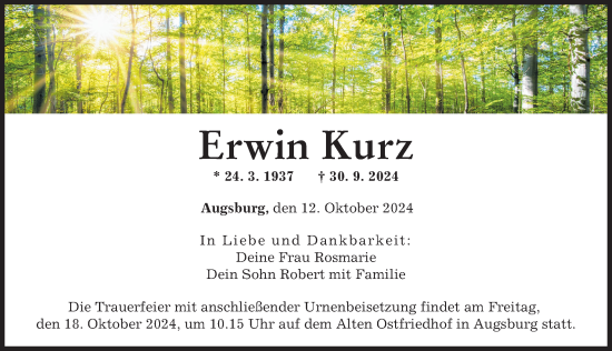 Traueranzeige von Erwin Kurz von Landsberger Tagblatt, Augsburger Allgemeine