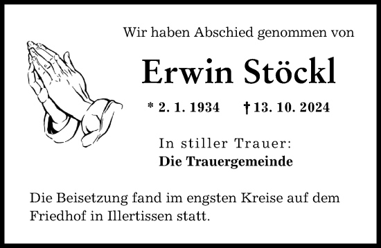 Traueranzeige von Erwin Stöckl von Illertisser Zeitung