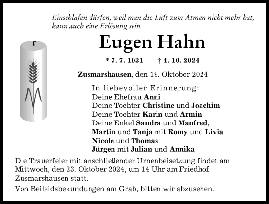 Traueranzeige von Eugen Hahn von Augsburg-Land