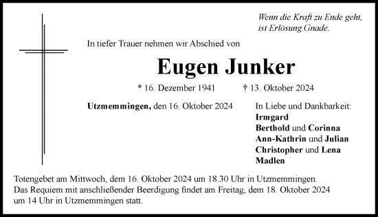 Traueranzeige von Eugen Junker von Rieser Nachrichten