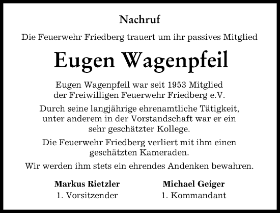 Traueranzeige von Eugen Wagenpfeil von Friedberger Allgemeine