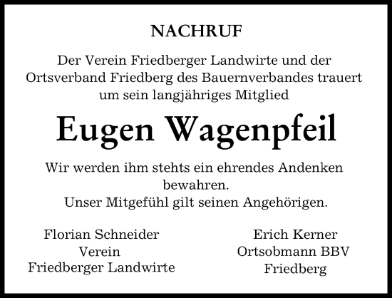 Traueranzeige von Eugen Wagenpfeil von Friedberger Allgemeine