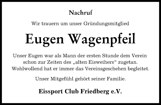Traueranzeige von Eugen Wagenpfeil von Friedberger Allgemeine