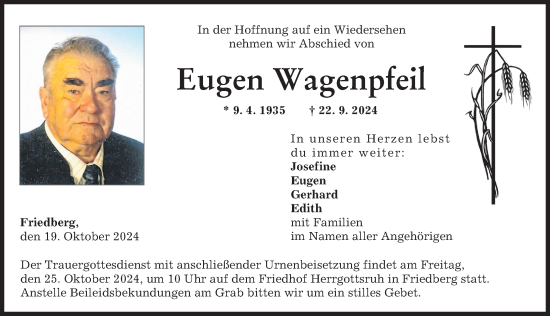 Traueranzeige von Eugen Wagenpfeil von Friedberger Allgemeine