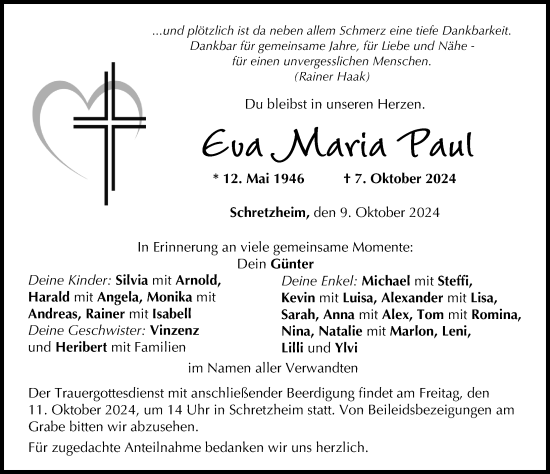 Traueranzeige von Eva Maria Paul von Illertisser Zeitung, Donau Zeitung