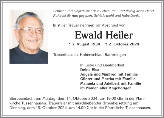 Traueranzeige von Ewald Heiler von Mindelheimer Zeitung