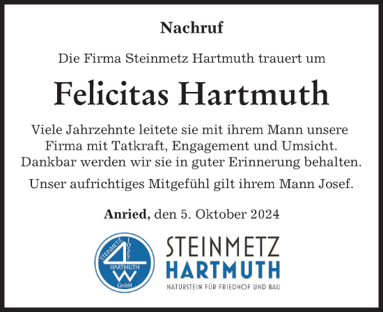 Traueranzeige von Felicitas Hartmuth von Augsburg-Land