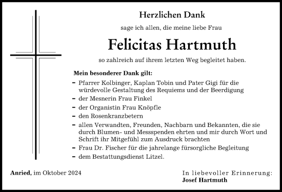 Traueranzeige von Felicitas Hartmuth von Augsburg-Land