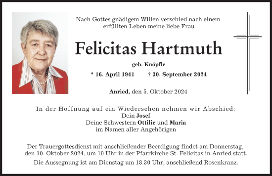 Traueranzeige von Felicitas Hartmuth von Augsburger Allgemeine
