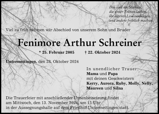 Traueranzeige von Fenimore Arthur Schreiner von Schwabmünchner Allgemeine