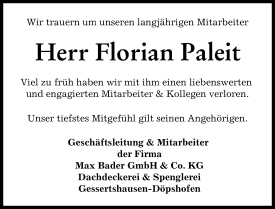 Traueranzeige von Florian Paleit von Augsburg-Land