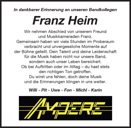 Traueranzeige von Franz Heim von Donau Zeitung