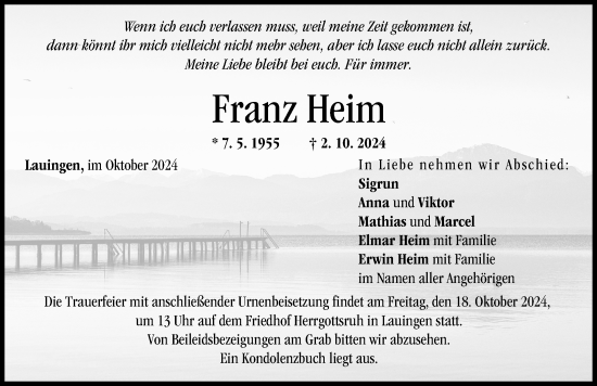 Traueranzeige von Franz Heim von Donau Zeitung