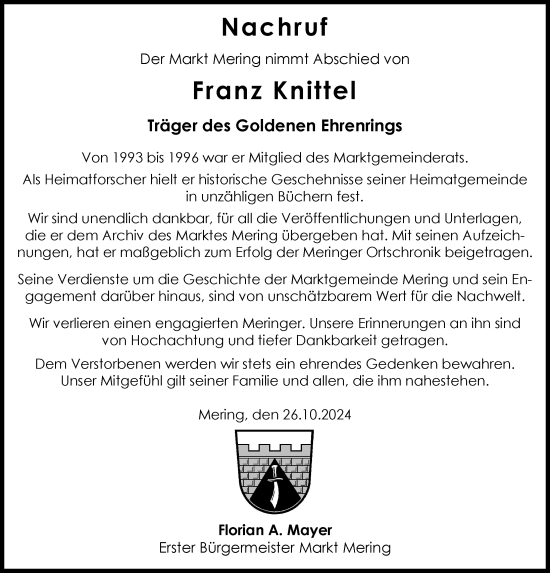 Traueranzeige von Franz Knittel von Friedberger Allgemeine