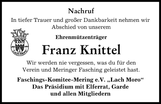 Traueranzeige von Franz Knittel von Friedberger Allgemeine