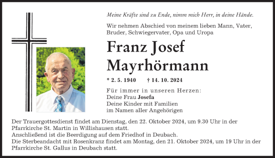 Traueranzeige von Franz Mayrhörmann von Augsburg-Land