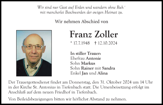 Traueranzeige von Franz Zoller von Illertisser Zeitung