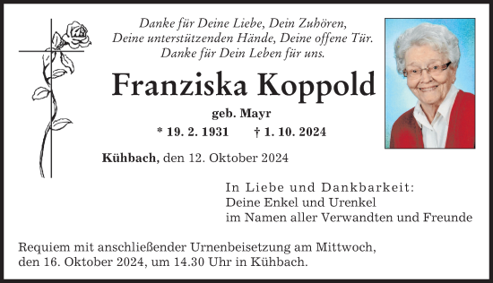 Traueranzeige von Franziska Koppold von Aichacher Nachrichten