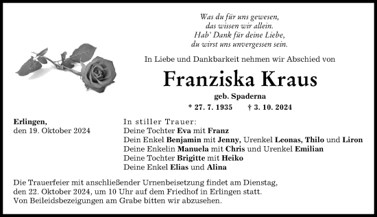 Traueranzeige von Franziska Kraus von Wertinger Zeitung, Augsburg-Land
