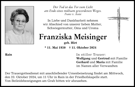 Traueranzeige von Franziska Meisinger von Donauwörther Zeitung