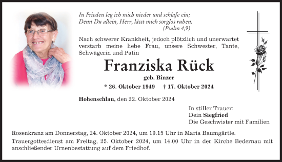 Traueranzeige von Franziska Rück von Mindelheimer Zeitung