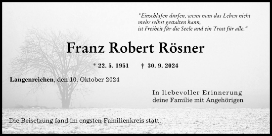 Traueranzeige von Franz Robert Rösner von Wertinger Zeitung, Augsburg-Land