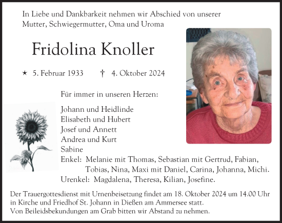 Traueranzeige von Fridolina Knoller von Ammersee Kurier