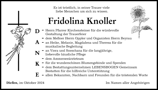 Traueranzeige von Fridolina Knoller von Ammersee Kurier