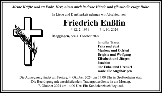 Traueranzeige von Friedrich Enßlin von Rieser Nachrichten