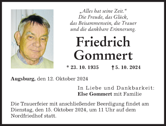 Traueranzeige von Friedrich Gommert von Augsburger Allgemeine