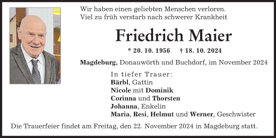Traueranzeige von Friedrich Maier von Donauwörther Zeitung