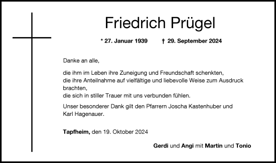 Traueranzeige von Friedrich Prügel von Donauwörther Zeitung