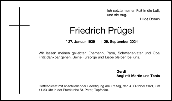 Traueranzeige von Friedrich Prügel von Donauwörther Zeitung