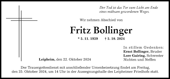 Traueranzeige von Fritz Bollinger von Günzburger Zeitung