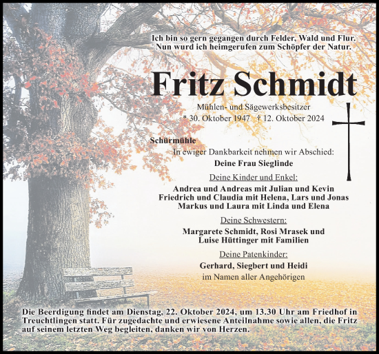 Traueranzeige von Fritz Schmidt von Donauwörther Zeitung