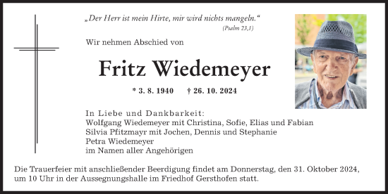 Traueranzeige von Fritz Wiedemeyer von Augsburger Allgemeine