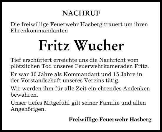 Traueranzeige von Fritz Wucher von Mittelschwäbische Nachrichten, Mindelheimer Zeitung