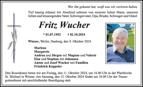 Traueranzeige von Fritz Wucher von Mindelheimer Zeitung, Mittelschwäbische Nachrichten