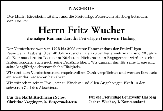 Traueranzeige von Fritz Wucher von Mittelschwäbische Nachrichten, Mindelheimer Zeitung