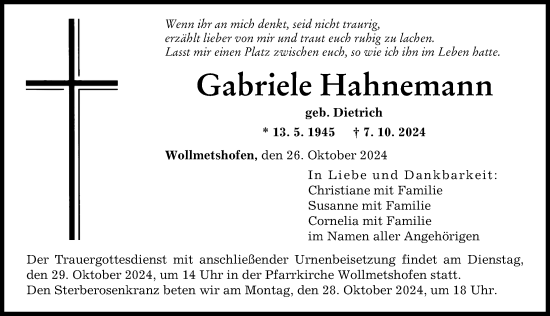 Traueranzeige von Gabriele Hahnemann von Augsburger Allgemeine