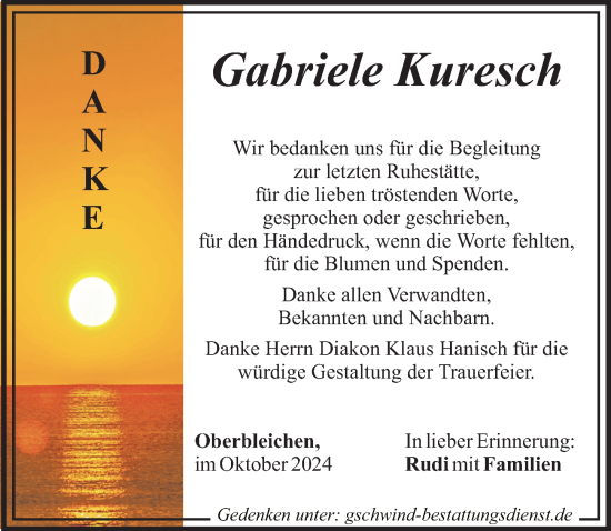 Traueranzeige von Gabriele Kuresch von Mittelschwäbische Nachrichten