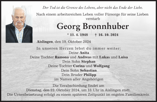 Traueranzeige von Georg Bronnhuber von Donau Zeitung