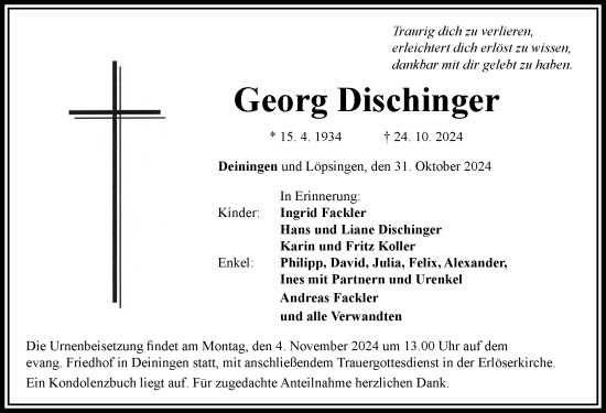Traueranzeige von Georg Dischinger von Rieser Nachrichten